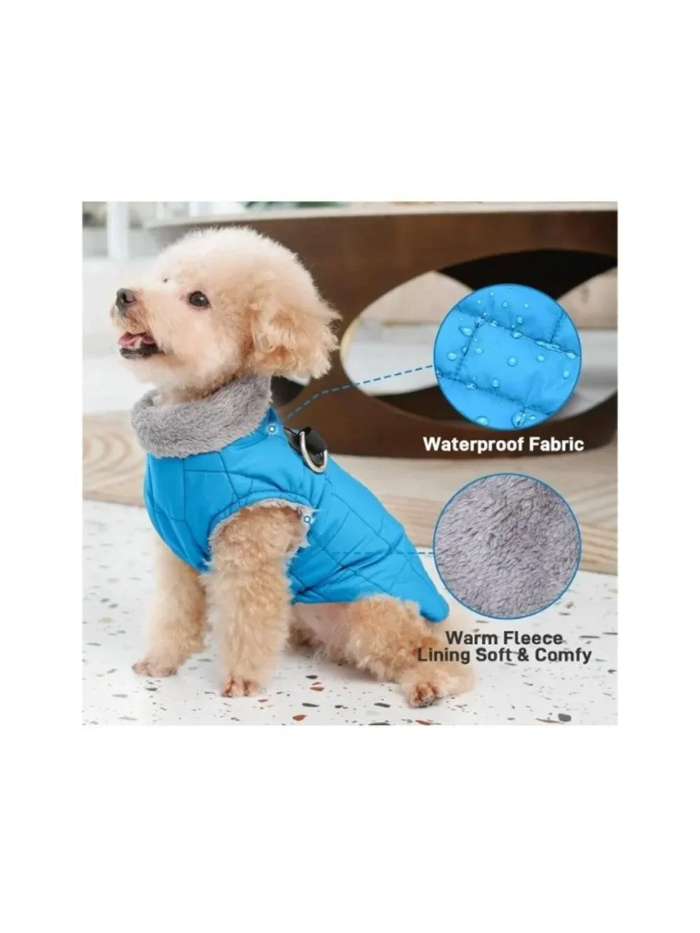 JoyDaog Med Waterproof Fleece Dog Jacket Built-In Harness Light Blue Durable